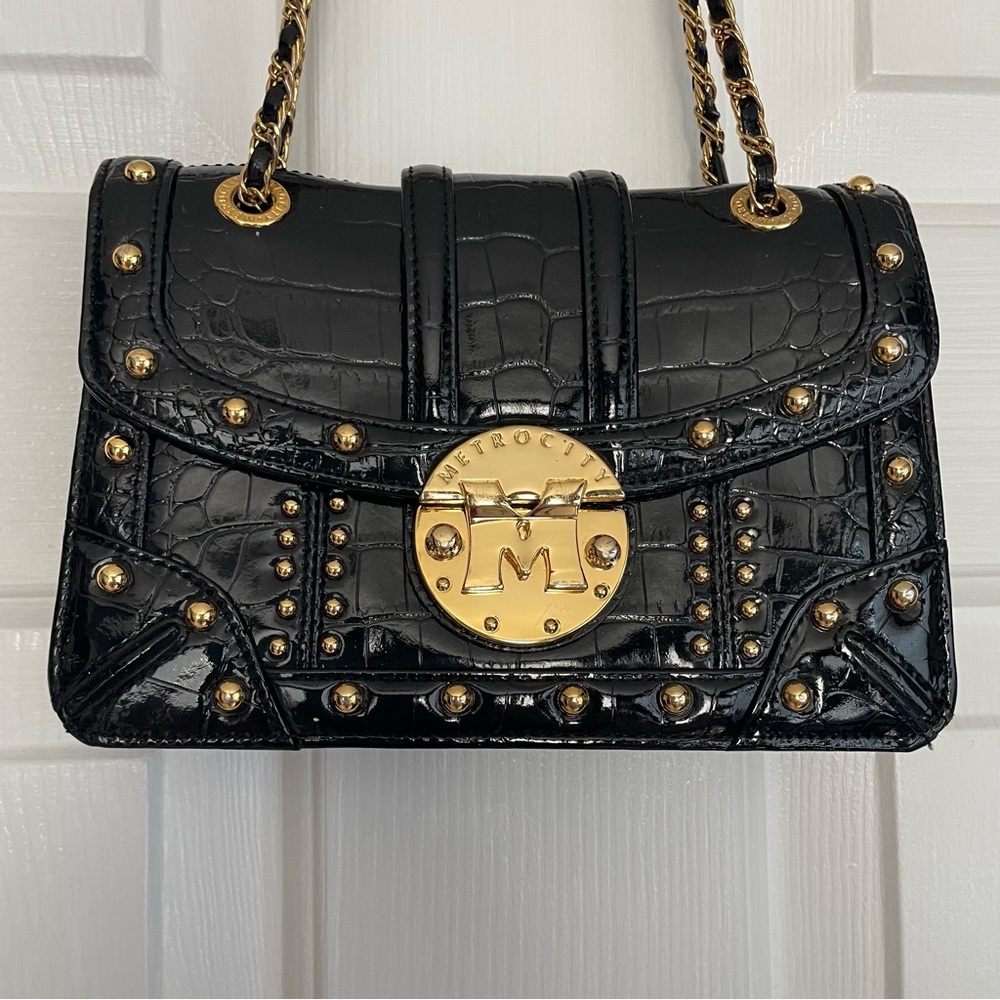 METROCITY Croc Embossed Studded Shoulder Crossbody Bag Black - Picture 3 of 14